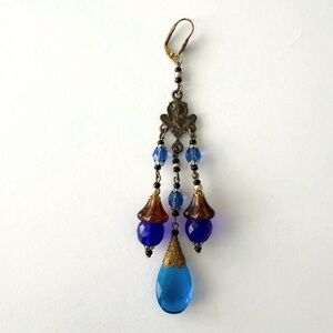 Large Single Czech Art Deco Blue Glass & Gold Dangle Earring